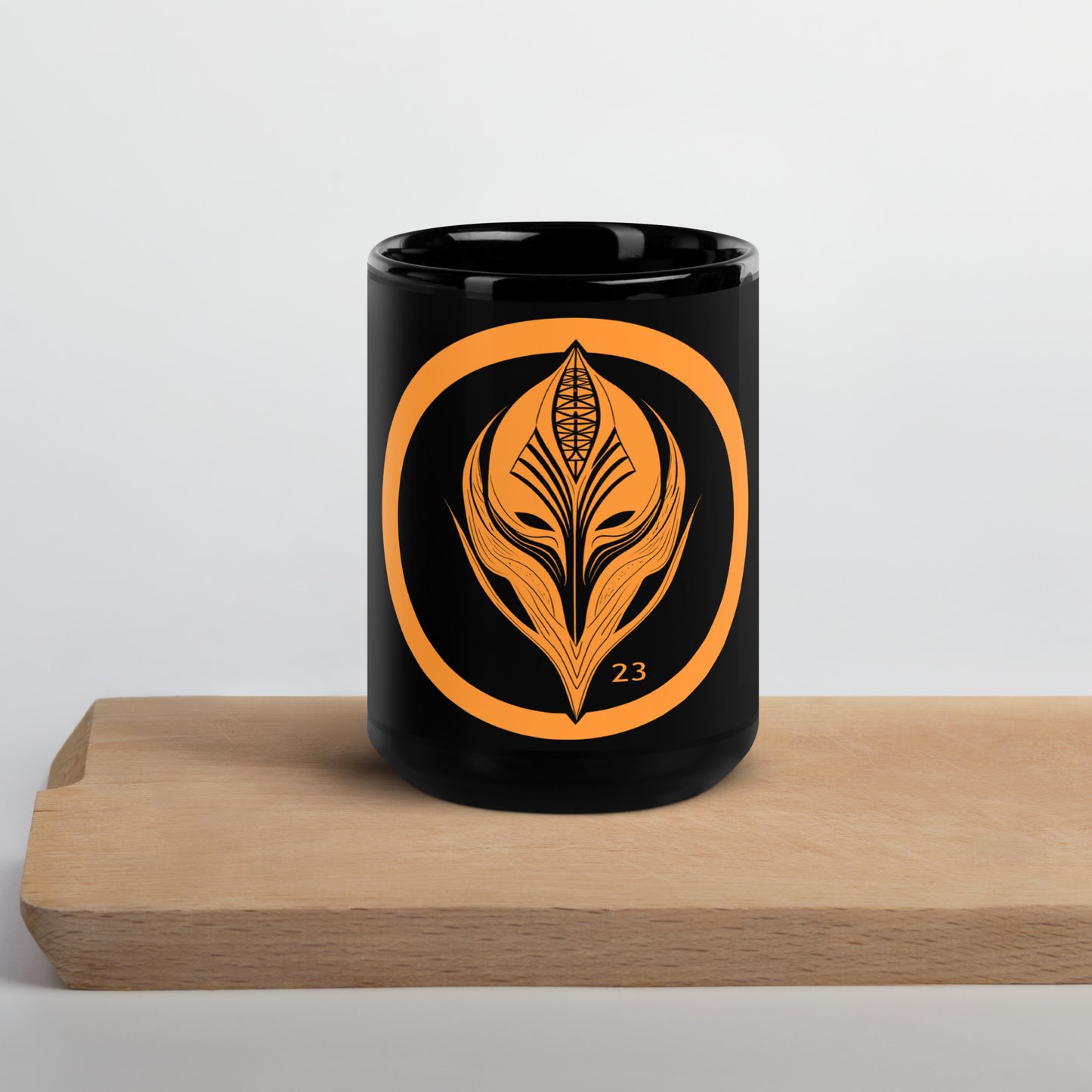 Gaming Warrior Helmet design on black glossy mug featuring futuristic sci-fi armor in bold orange - video game inspired ceramic mug by 23 Design Studio"