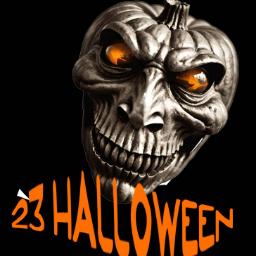 Skull-like pumpkin with glowing eyes and '23 Halloween' text on a black background