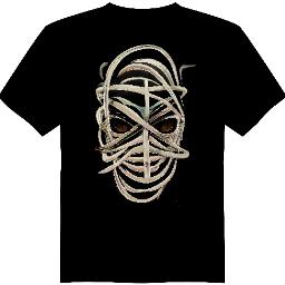 Black t-shirt with a goldish abstract design on a white background