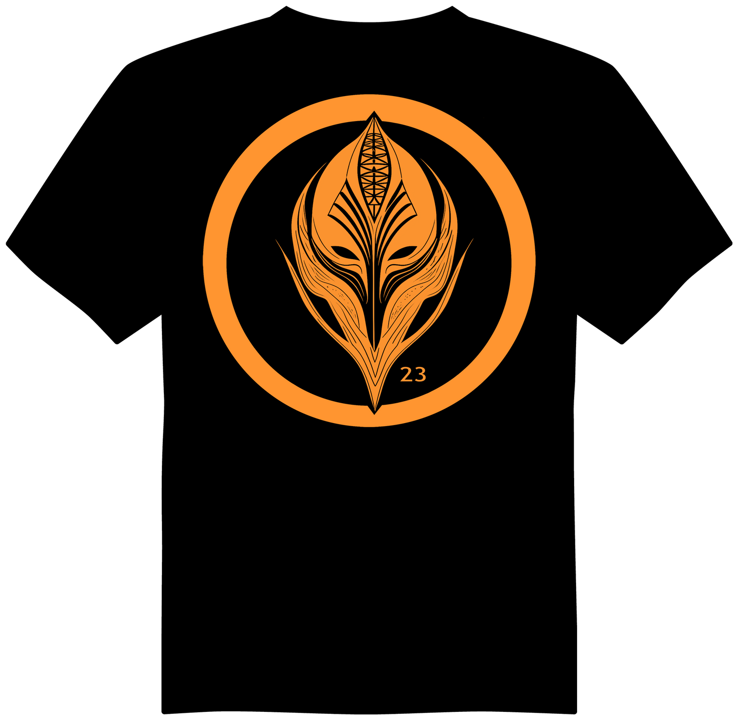 Gaming Warrior Helmet design featuring futuristic sci-fi armor mask in bold orange on black background - video game inspired graphic tee by 23 Design Studio