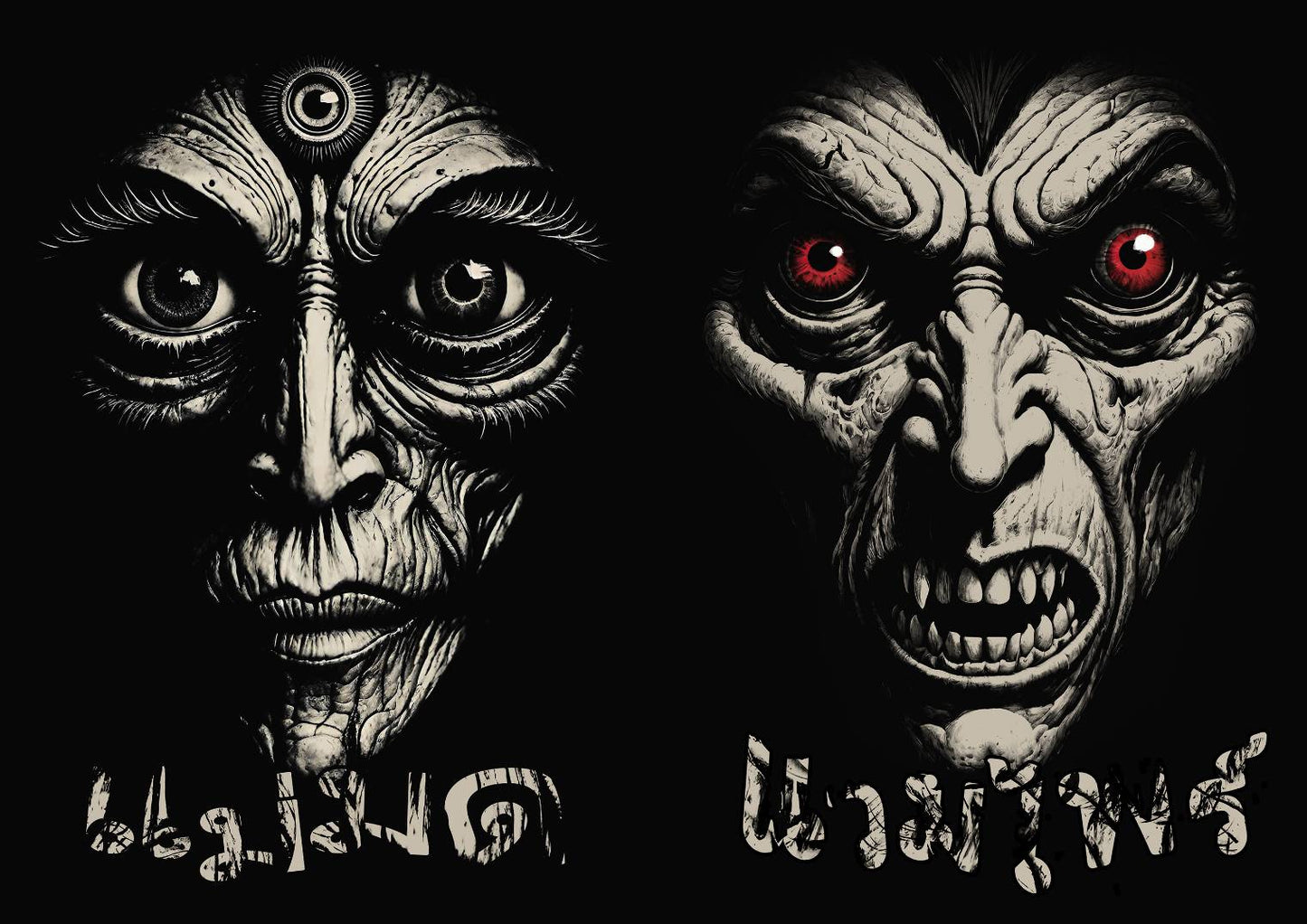 Two stylized faces with a dark background