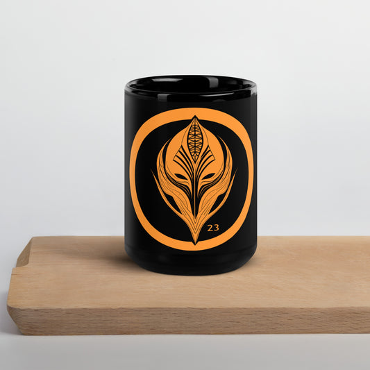 Gaming Warrior Helmet design on black glossy mug featuring futuristic sci-fi armor in bold orange - video game inspired ceramic mug by 23 Design Studio"