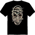 Black t-shirt with a goldish abstract design on a white background