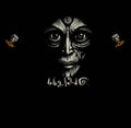 Black and white illustration of a face with intricate patterns on a black background