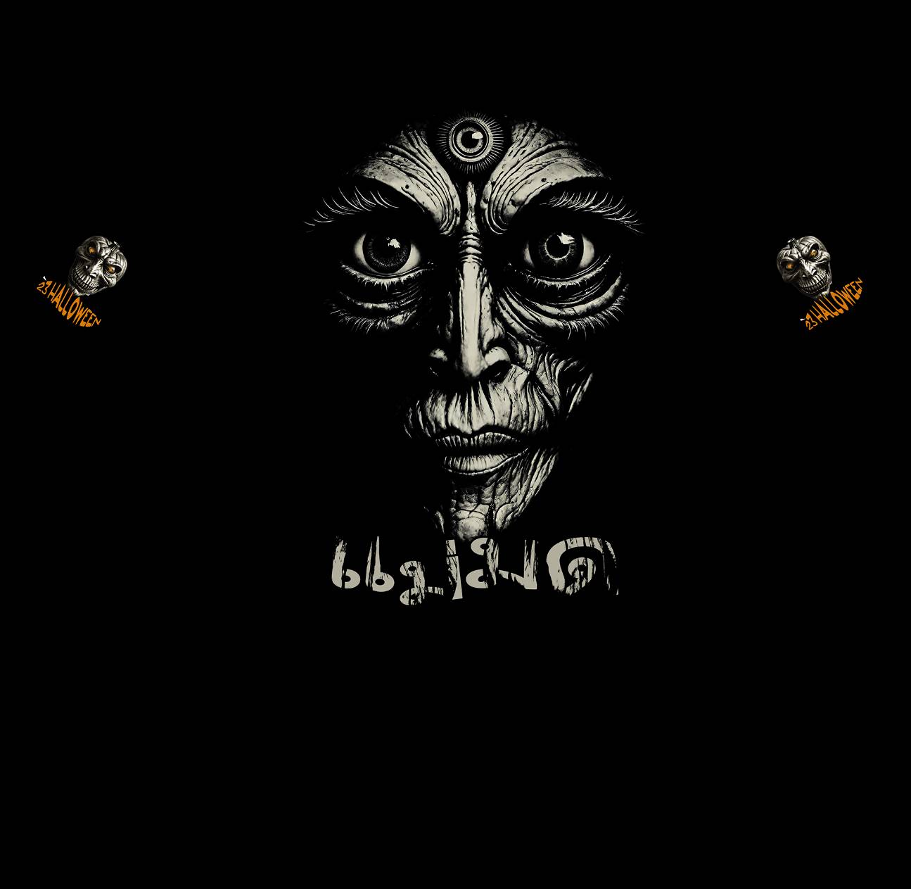 Black and white illustration of a face with intricate patterns on a black background