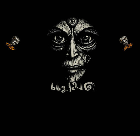 Black and white illustration of a face with intricate patterns on a black background