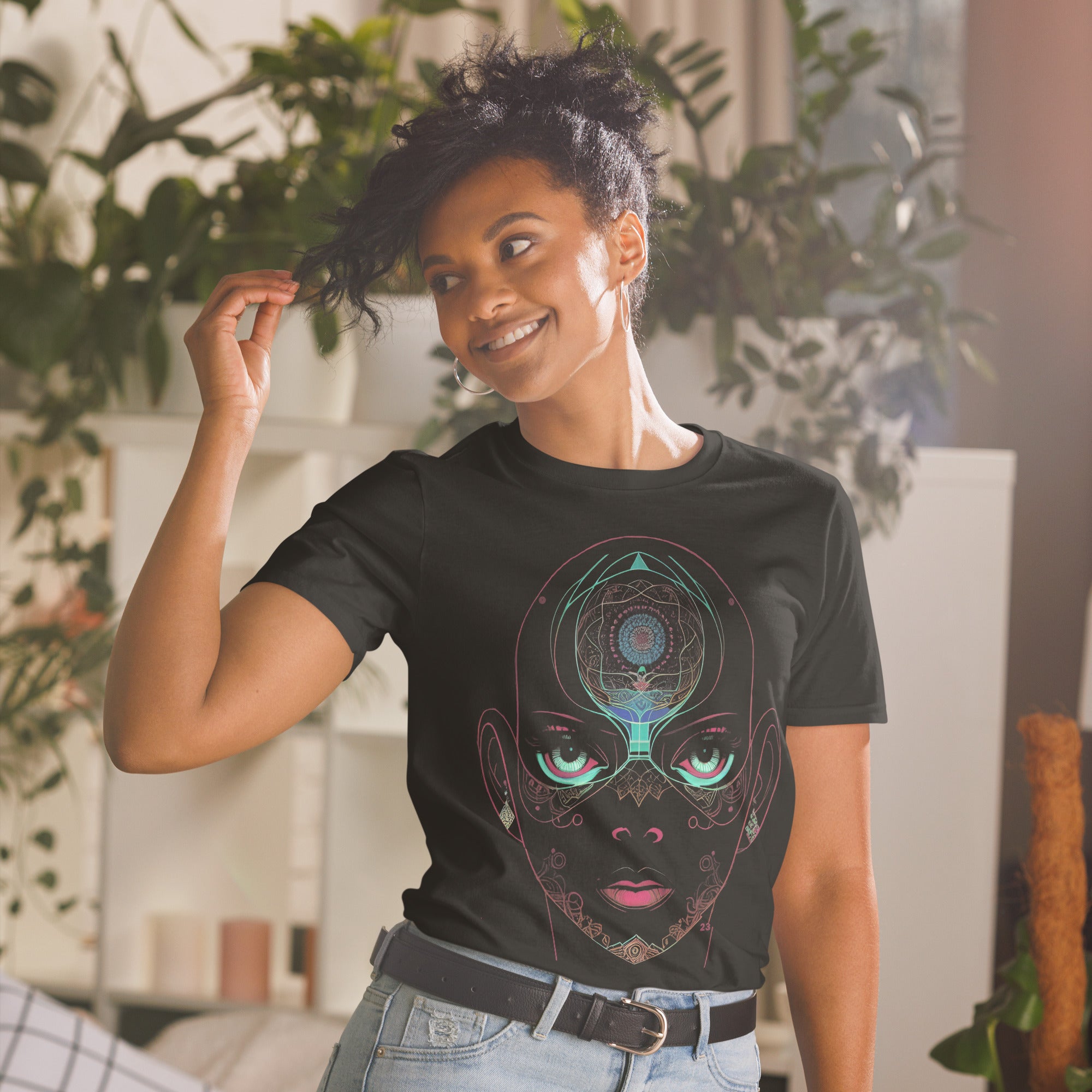 Psychedelic Sacred Geometry Goddess design featuring bald female with mandalas and sacred geometric patterns in vibrant purples, blues, and pinks - spiritual consciousness art by 23 Design Studio"