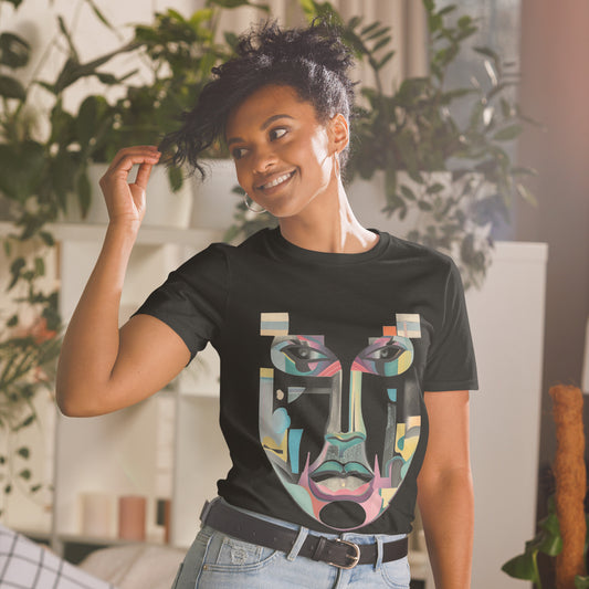  "Zen Cubism Mask design featuring Picasso-inspired multi-colored geometric face with stoic expression evoking Buddhist calm - artistic graphic tee by 23 Design Studio"